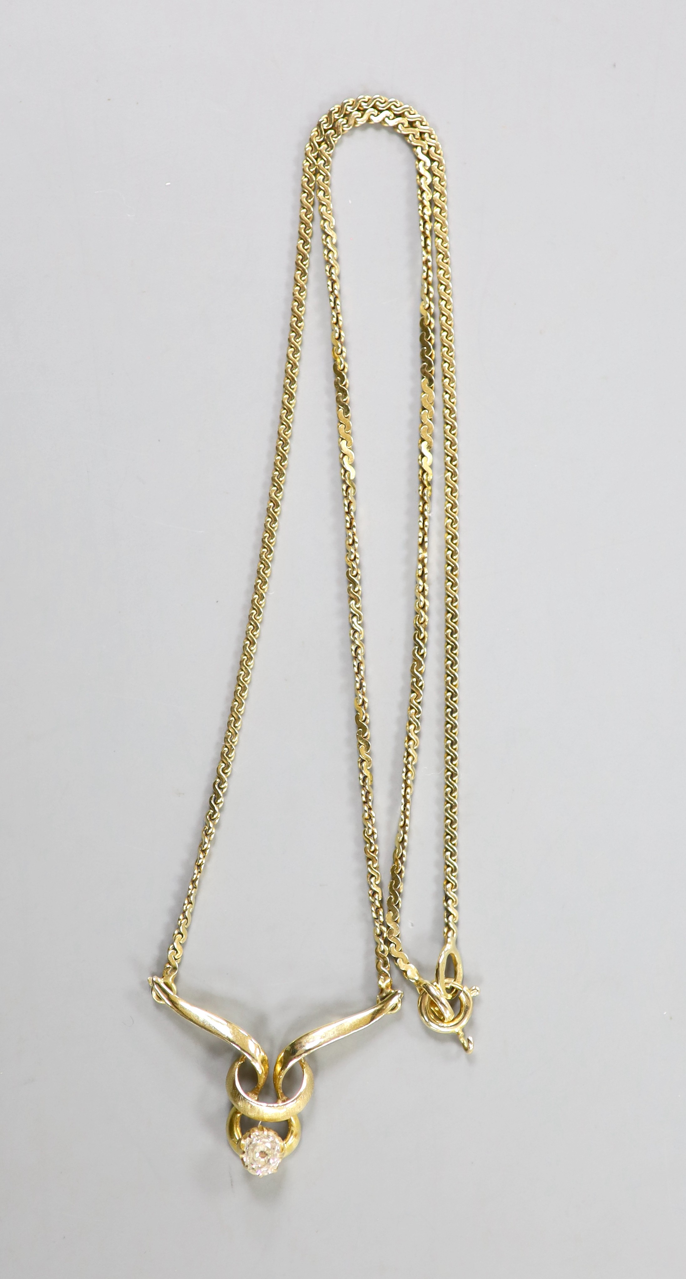 A 9ct gold and diamond pendant necklace, 44cm, gross weight 6.1 grams.